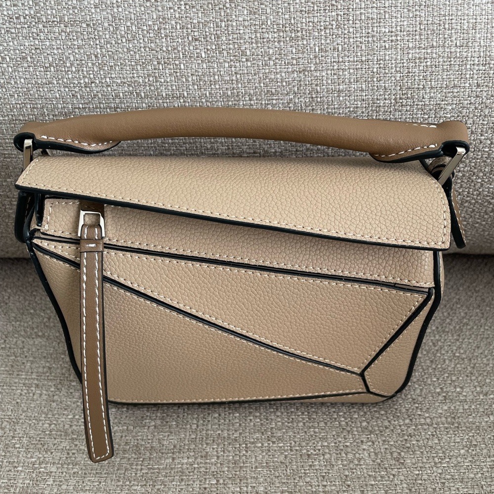 Mini Geo Panel Structured Bicolor Top Handle Bag - Taupe & Brown - Picture 9 of 14
